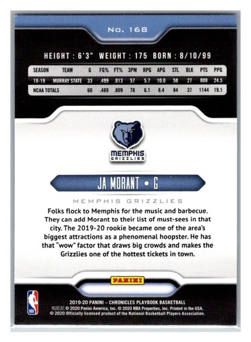 2019-20 Panini Chronicles - Playbook Ja Morant #168 (RC) TC7330 - Picture 2 of 2