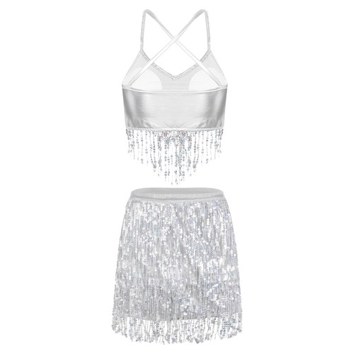 Womens Latin Belly Dance Costume Sleeveless Tassel Fringed Cami Crop Top Skirts - Picture 38 of 54