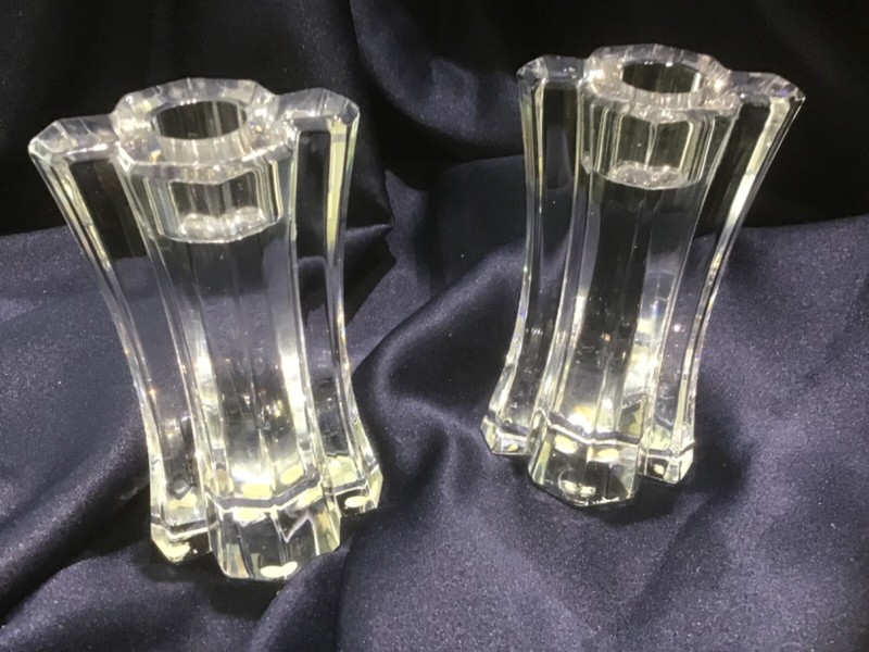 ORREFORS FORSYTHIA set of 2 CRYSTAL CANDLESTICKS ART DECO clear EXCELLENT!