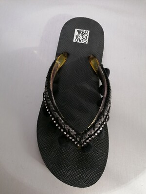 Damen Zehentrenner Pantoletten Schwarz Colors of California Strass Pompon Sandalen Tongs 