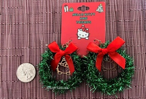 NEW SANRIO HELLO KITTY Christmas Wreath Red Bow Earrings - Picture 4 of 7