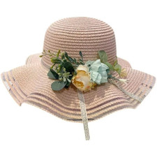 Women Flower Straw Hat Wide Brim Cap Woven Sunscreen Sunshade Bucket Cap