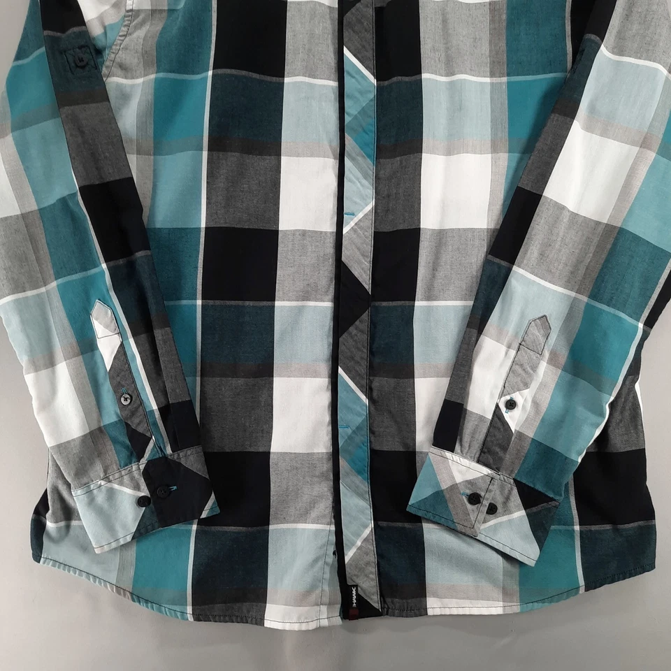Tony Hawk Button Front Shirt Mens XXL Blue Black White Plaid Hidden Placket - Image 3 of 4