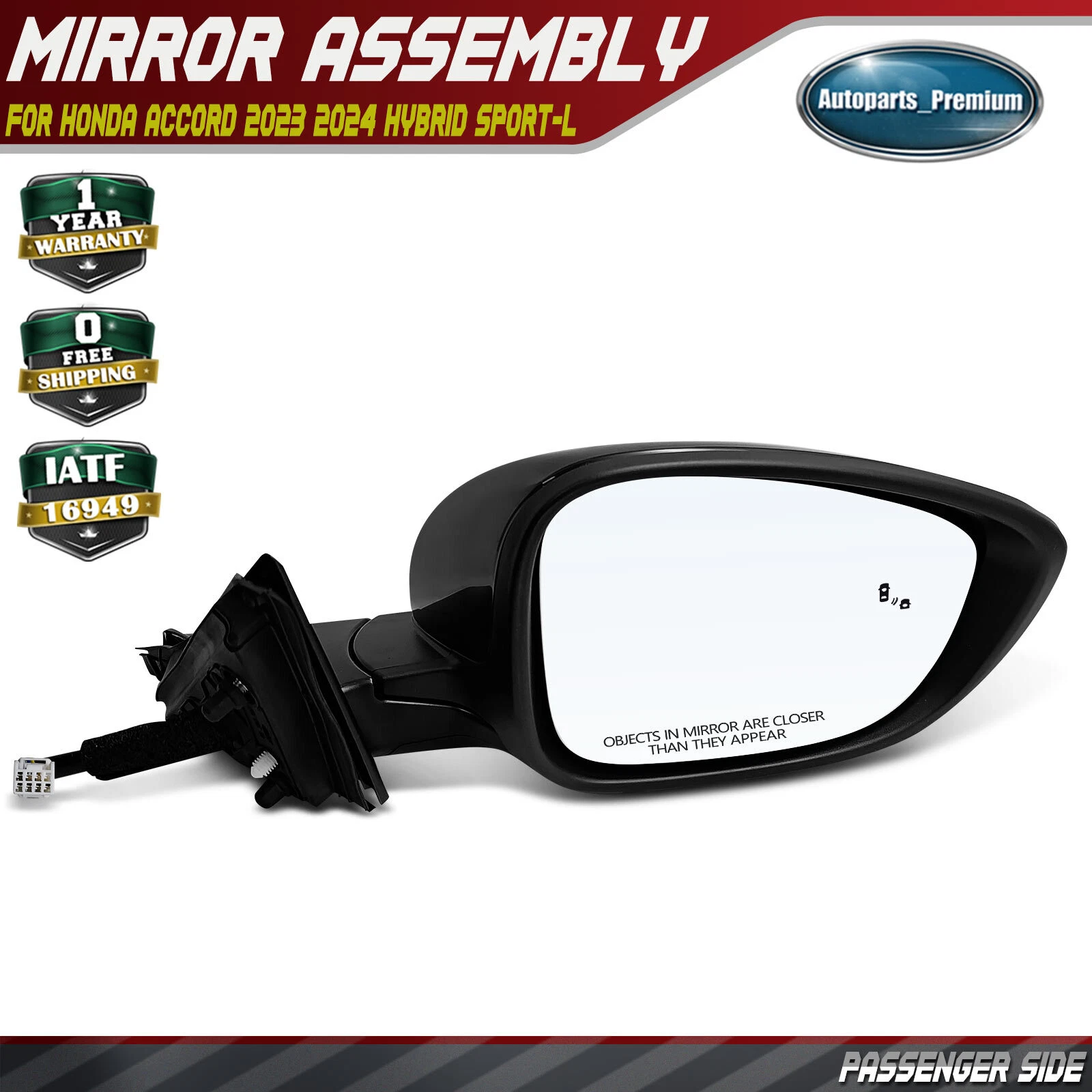 Passenger Side Power Mirror w/ Manual Fold Blind Spot for Honda Accord 2023 2024