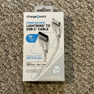 ChargeWorx 10 Ft Power Delivery Lightning to USB-C Cable, White