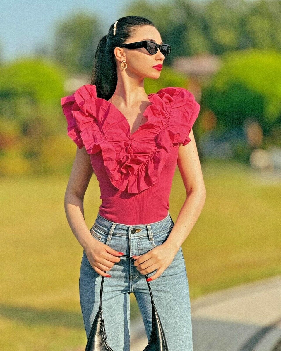 Zara Ribbed Bodysuit Top With Ruffles Fuchsia Bright Pink