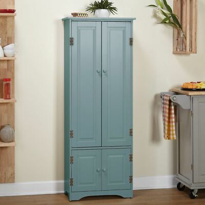 Blue Wood Pantry Storage Cabinet Shelves Laundry Closet 4 Door Organizer Utility