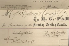 1878 Old Colony Railroad OC Billhead Ad Receipt Saturday Evening Gazette Boston