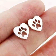 Titanium Steel Heart Shaped Paw Print Stud Earrings Women Girls Fashion Gift