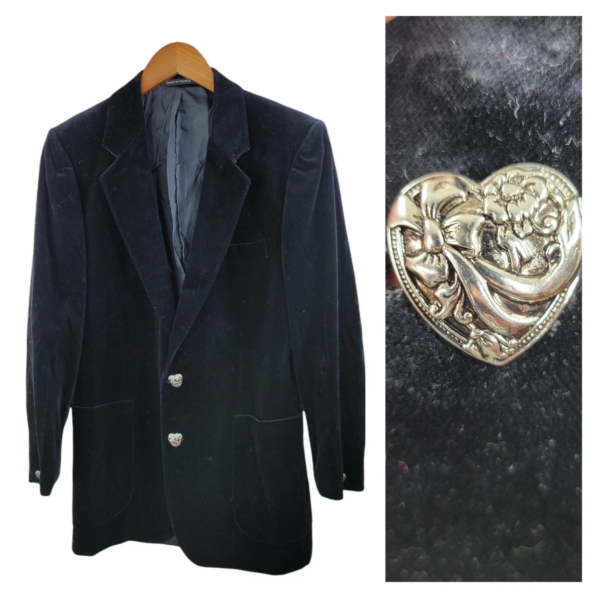 Vintage Yves Saint Laurent size 6/8 Black Velvet Blazer Jacket YSL Heart Button