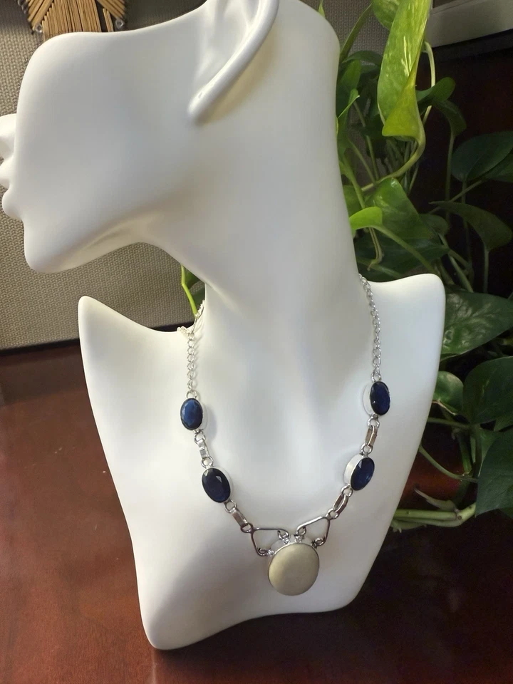 Silver Boho Necklace w/ Bone Stone Center & Sapphire Glass Accent Stones - Image 2 of 4