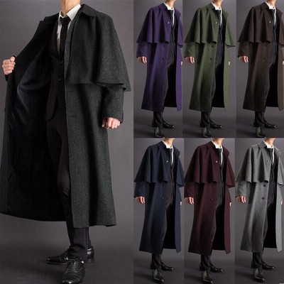 British Wool Blend Men's Long Overcoat with Cape Winter Warm Coat Outdoor Wear