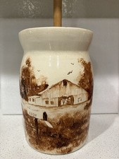 Vintage Hand Painted Ceramic Butter Churn Crock w Wooden Dasher Farm Scene