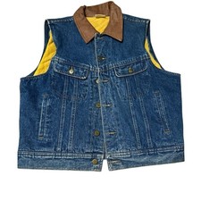 Vintage Rare Denim Vest with Leather Collar Quilted Lining Western M