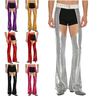 Herren Pantalon Glitzern Glänzender Cowboy Chaps Offener Beinausschnitt Kostüm