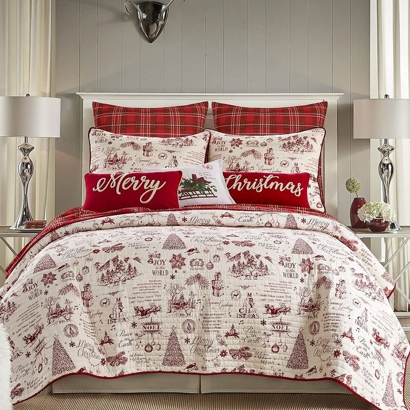 Yuletide Holiday Quilt Set Soft Cotton Red Plaid Reversible Bed Cover Shams New - Image 2 of 4