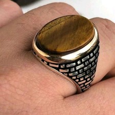 Tigers Eye Ring Oval Gemstone Wide Band: Handmade 925 Sterling Silver, Bold