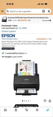 Epson WorkForce ES-400 II Duplex Desktop Document Scanner ADF