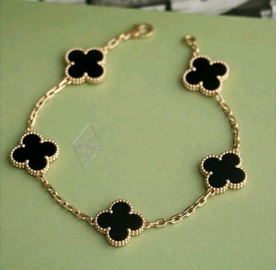 #ad Black And Gold 4 Leaf Clover Bracelet Gold Plated $50.00