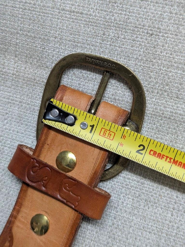 Vintage Tooled Leather Belt Painted Native Geometric Symbol Western Brass Buckle Brass Native American Head Buckle on Southwestern Tooled  main image 3