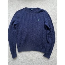 Polo Ralph Lauren Cable Knit Cotton Sweater Navy Blue Pony Logo Chest 38"