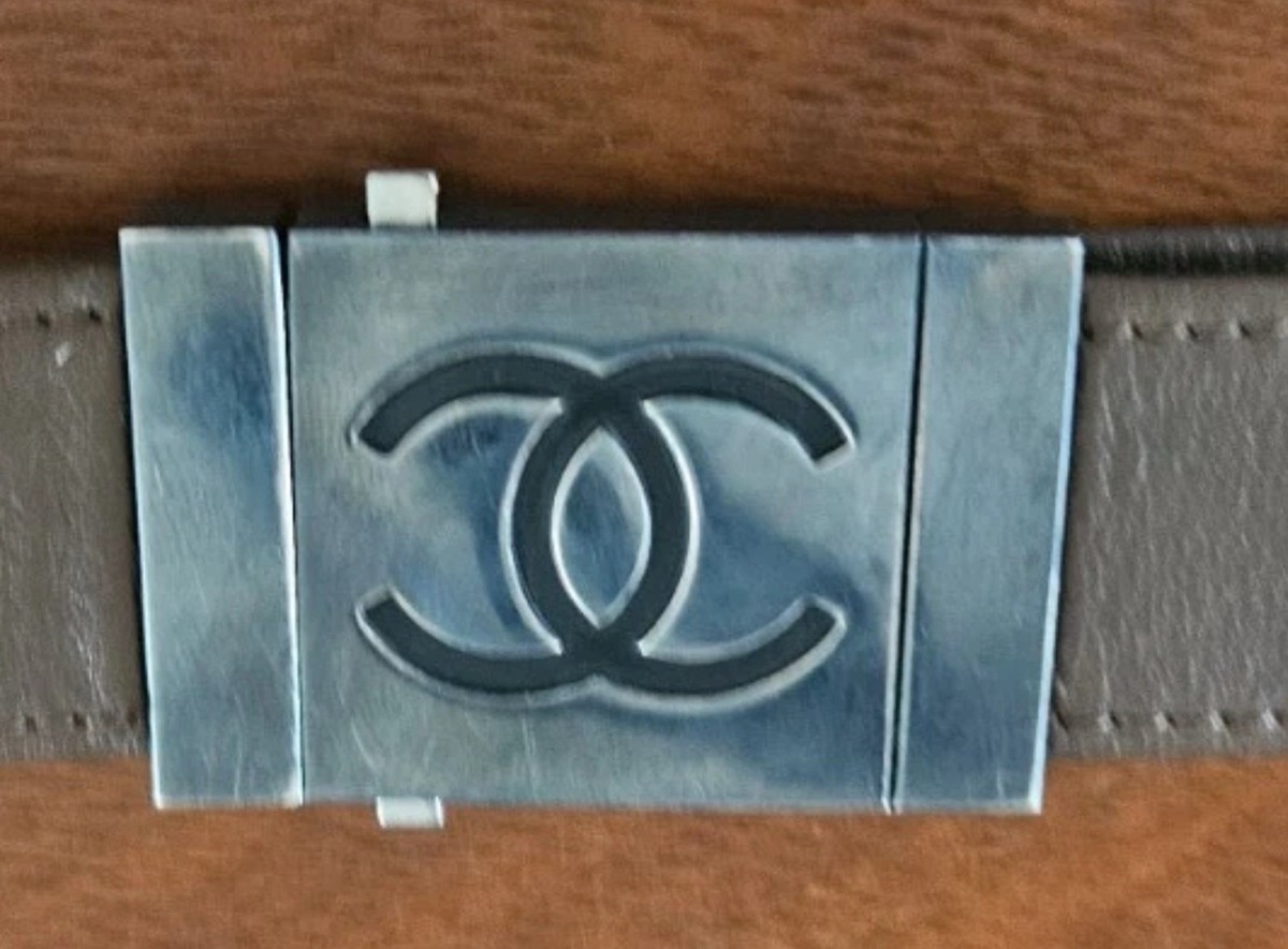CHANEL Brown Leather Belt Size 80.32 Silver/Black Coco Mark