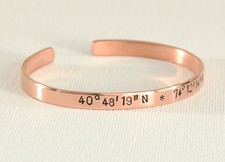 Copper anniversary cuff bracelet with your location  wedding , house , first