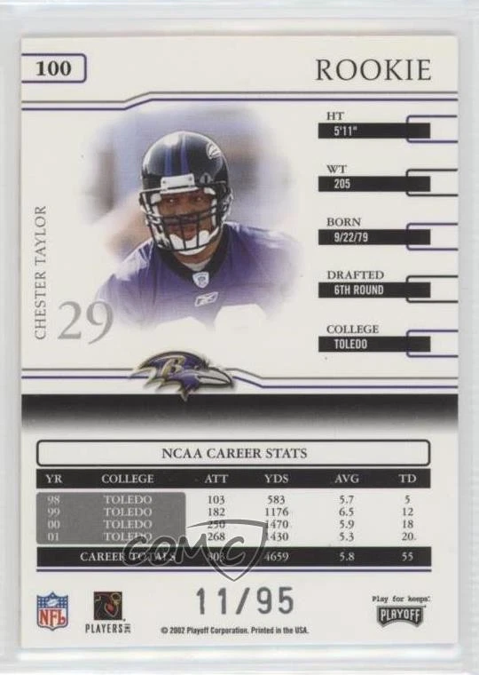2002 Playoff Prime Signatures Authentic /95 Chester Taylor #100 Rookie Auto RC - Image 2 of 2
