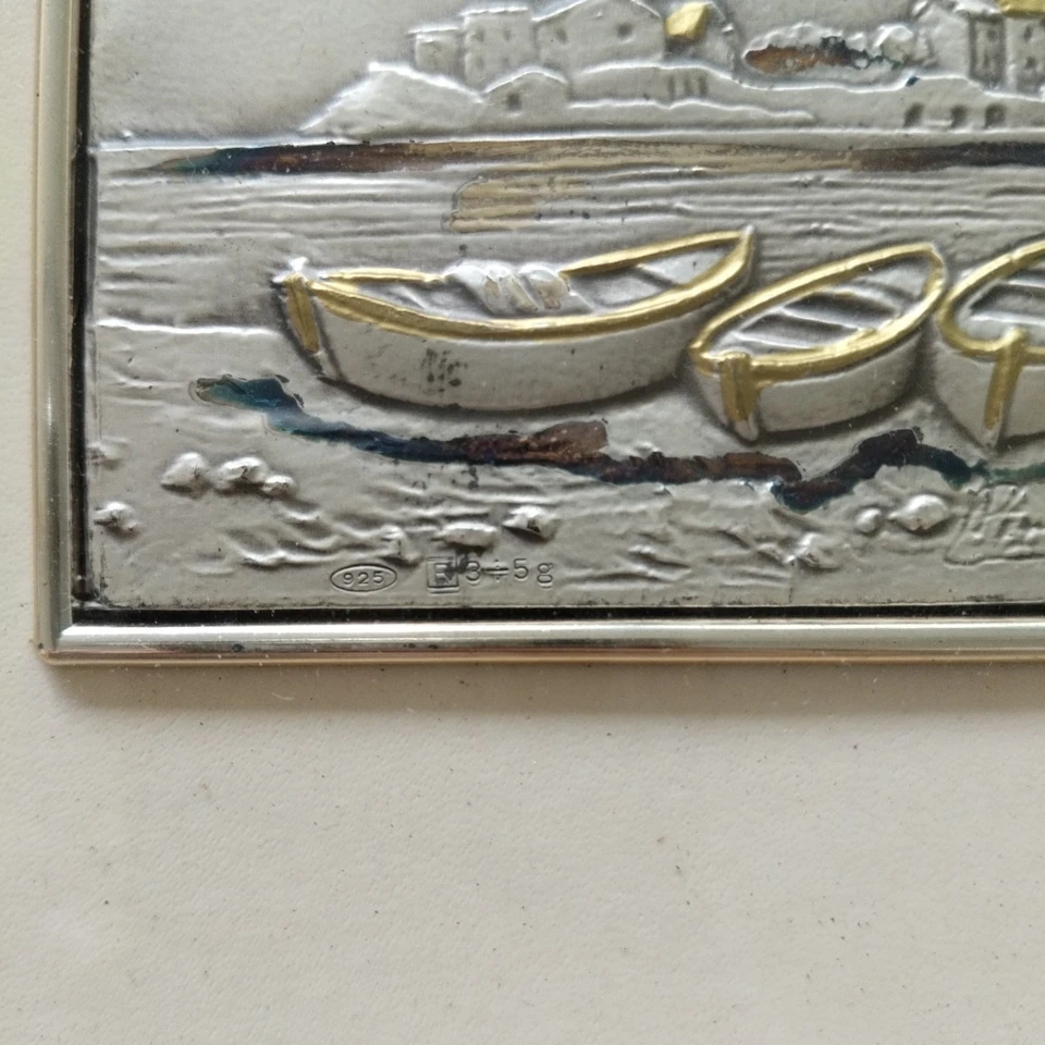 Quadro bassorilievo in argento 925 R 3/5 g Lastra Barche Mare Marina Iridescente - Immagine 3 di 4