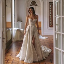 Luxury Beaded Scalloped Neck Wedding Dress Strapless Side High Split Bride Gown
