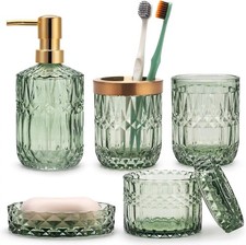 5PCS Green Glass Bathroom Accessories Sets of Lotion Dispenser Soap Dish