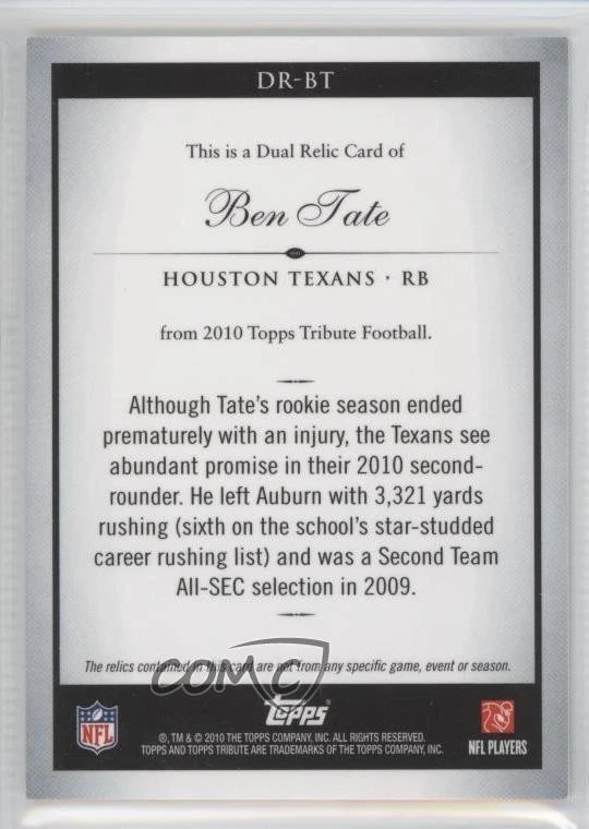2010 Topps Tribute Dual Relics /45 Ben Tate #DR-BT Rookie RC - Image 2 of 2