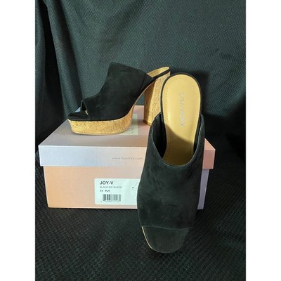Lisa Vicky Joy-V Black Kid Suede Cork Platform Mules Sandals Womens Size 8 M NEW