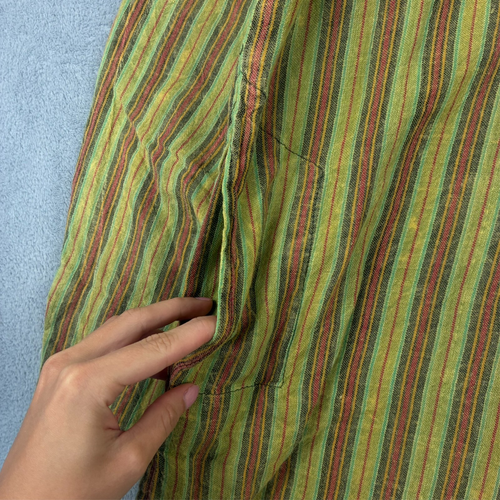 Vintage Gringo 2000s Green Striped Hippie Grandad Collar Large Long Sleeve Shirt image 9