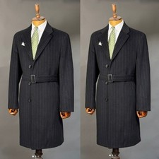 Dark Gray Wool Men's Overcoat with Belt Pinstriped Casual Outdoor Warm Long Coat