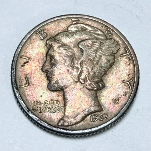 1937 Mercury Dime, Winged Liberty Head, 90% Silver, Extra Fine Condition #4402