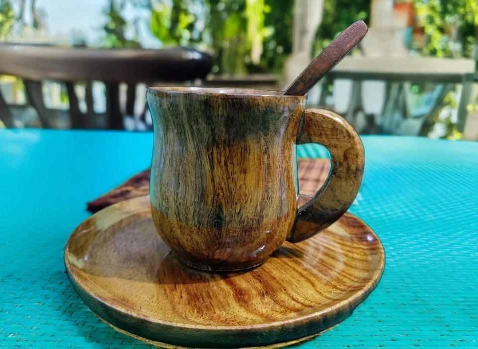 Taza de café espresso de madera hecha a mano tazas de té con platillo y cuchara|Ligera... Foto 3 de 4