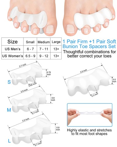 2 Pair S Bunion Toe Separators, 2 Firm, 2 Soft, Correct, Align, Straightener - Picture 2 of 6
