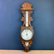 ANTIQUE VICTORIAN CARVED OAK ANEROID BANJO BAROMETER & THERMOMETER 90.5cm