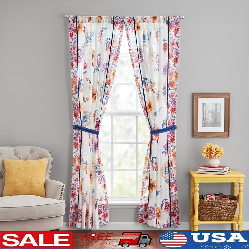 Sheer Cotton Floral Curtain Panel with Tie Back for Living Room or Kitchen Decor