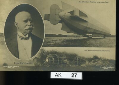 AK027, Zeppelin, Ballon beim Aufstieg und nach der Katastrophe, gelaufen 1908