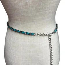 Silver Tone Blue Chain Waist Body Belly Belt Womens Boho Fashion Skinny Thin