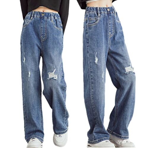Kids Girls Jeans Distressed Elastic Waist Baggy Washed Denim Wide Leg Trousers - Afbeelding 1 van 6