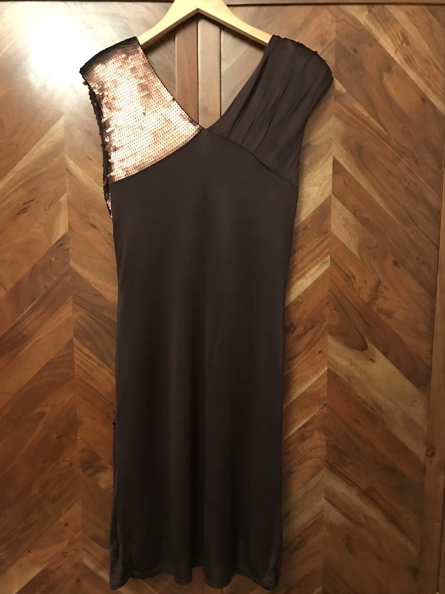TED BAKER BROWN WRAP SILKY JERSEY SEQUIN DRESS (SIZE 3)