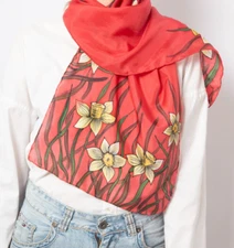 Daffodil Hand Painted Silk Scarf Red Silk Scarf Mother Day Gift Spring Scarf