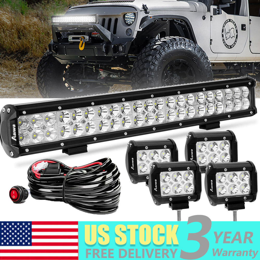 20 inch LED Work Light Bar Spot Flood Combo Offroad + 4'' LED Pods SUV Truck 4WD