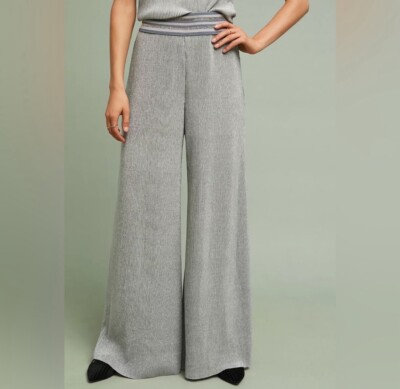 Anthropologies ett:twa Pants Women XS Silver Plisse Crepescule Wide Leg Pull On