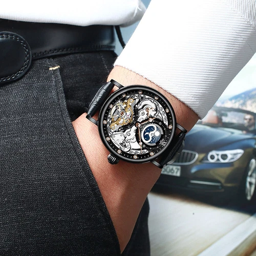 KINYUED Skelett Tourbillon Mondphase Mechanische Uhr Luxus Herren Diamant Uhr - Bild 10 von 22