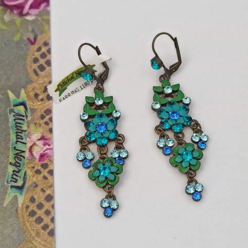 Michal Negrin Earrings Green Enamel Blue Crystals Long Chandelier Statement Gift - Picture 3 of 14