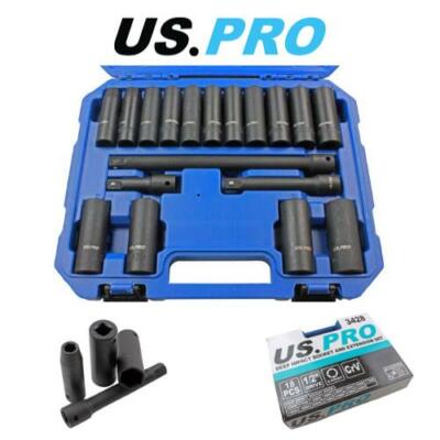 US PRO Tools 18PC 1/2'' DR Deep impact Sockets 10 - 24mm And Extension Bar Set